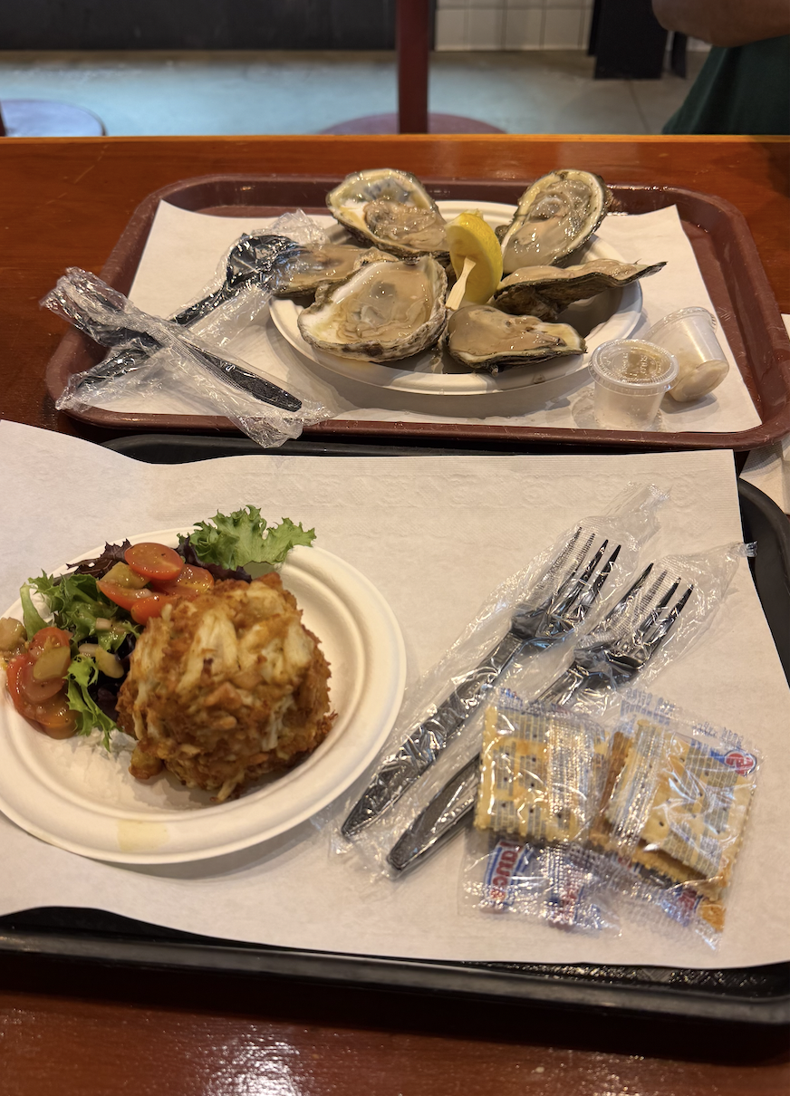 Crab cake and oysters.